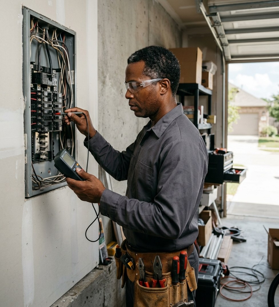 Lumen and Line master electrician testing a breaker in a customer's panel